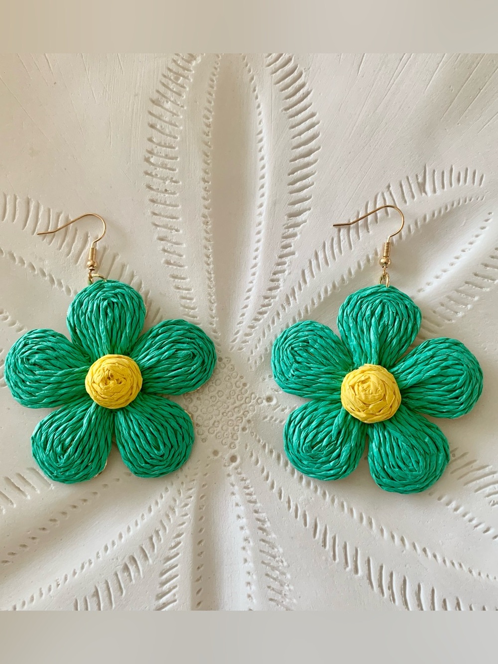 Flower Drop Dangle Handmade Earrings Green and Yellow.